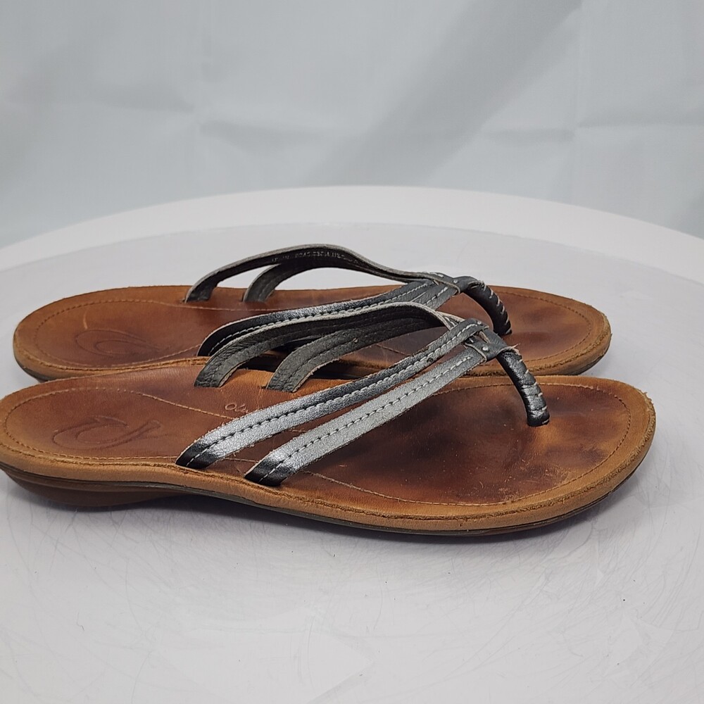 OluKai Kapehe Luana Sandals Wom 8 Pewter Sahara/Bubbly Leather Wedge Flip Flops